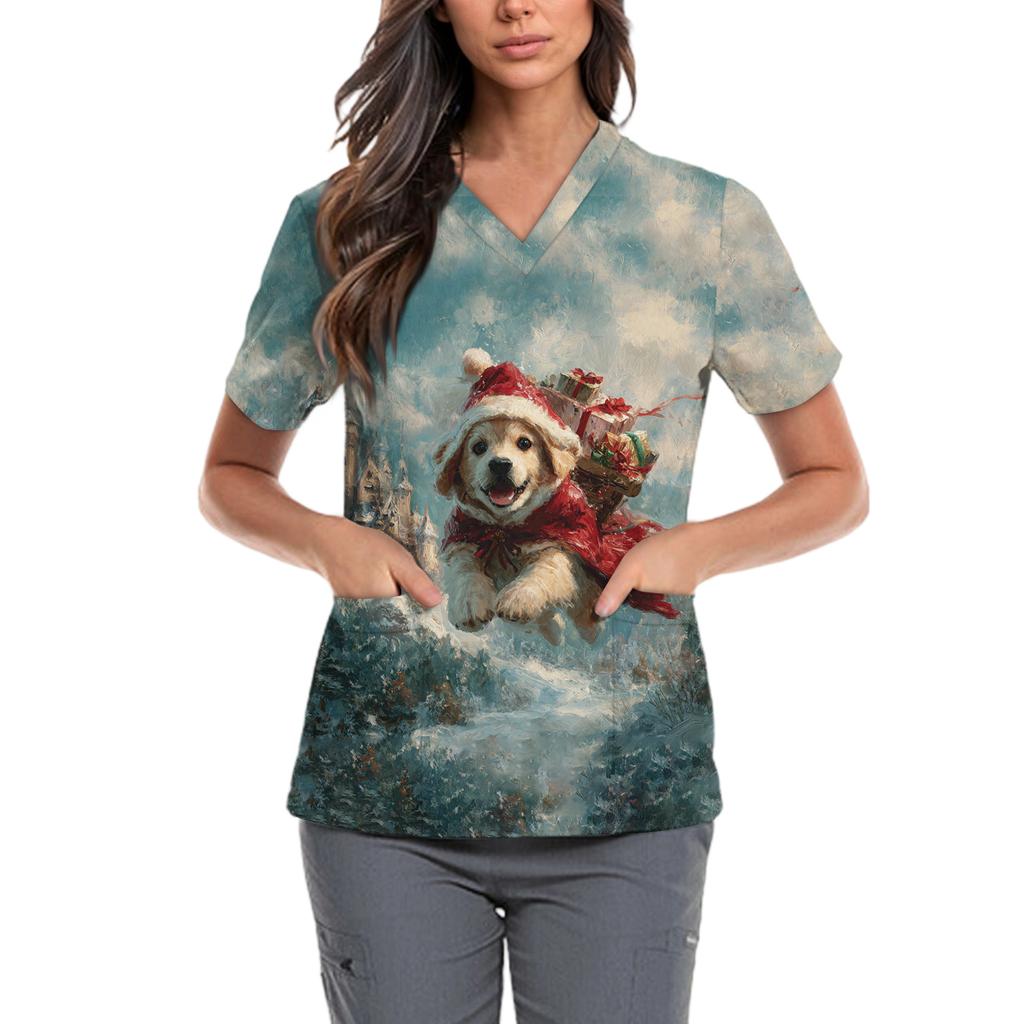 Women's Cute Bow Printed Work Clothes V-neck Double Layer Pockets Basic Short Sleeve Top Pullover