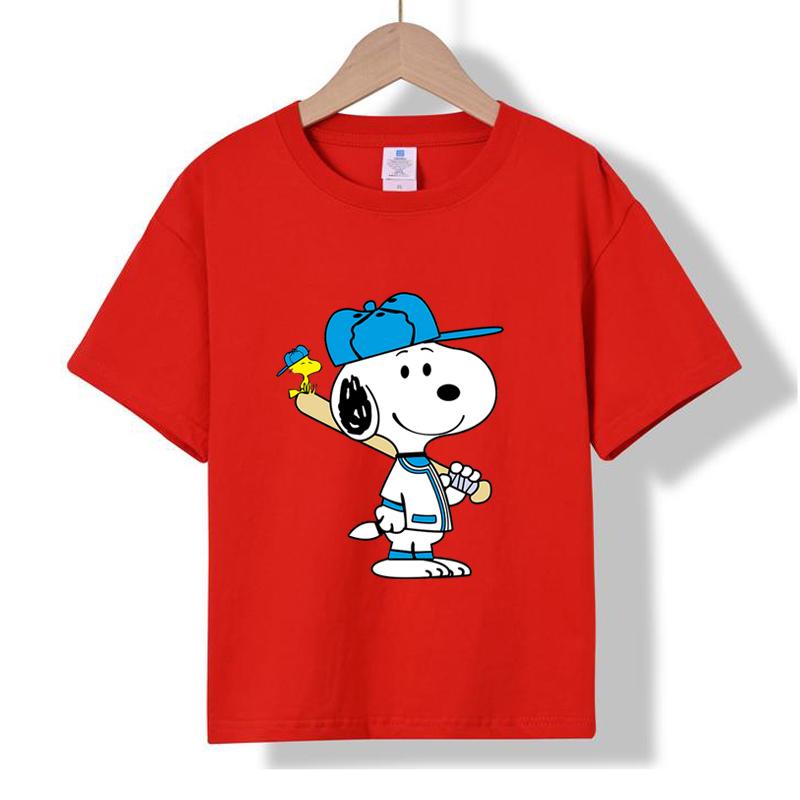 MC-77 MINISO 2026 Summer New Kids 100% Cotton T-Shirt Snoopy Baseball Print Short Sleeve Casual Tee for Boys Girls Ages 2-12