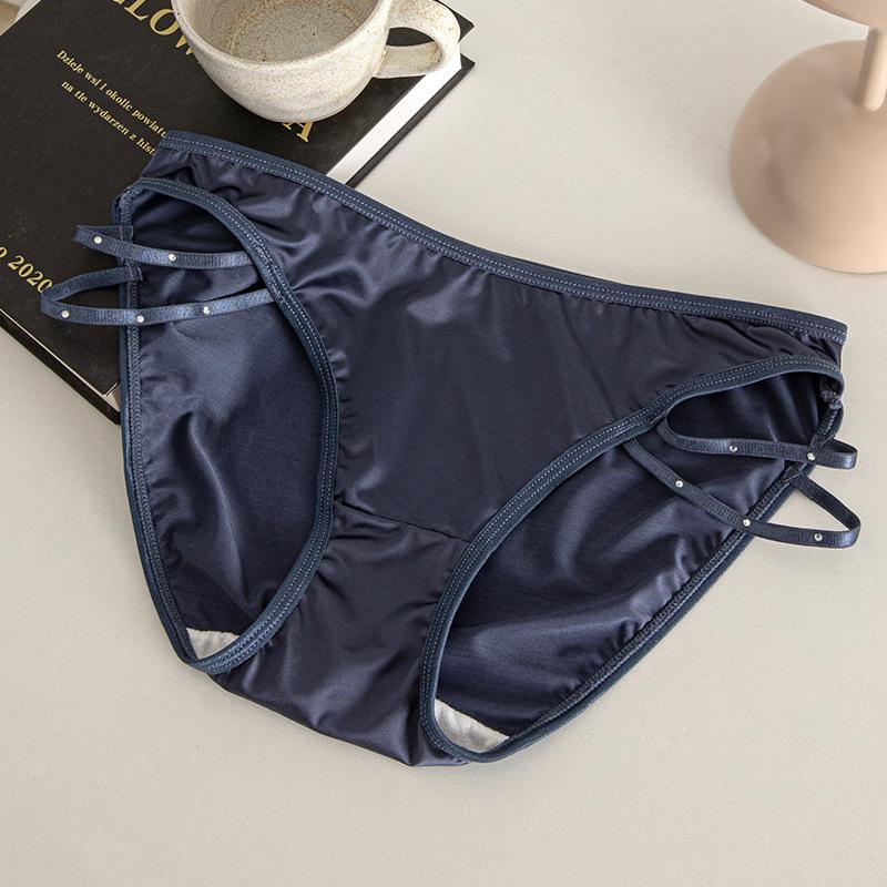 Thin Band Satin Mesh Panties with Sparkling Diamonds Lift Buttocks Sexy Mid Waist Triangle Women’s Panties