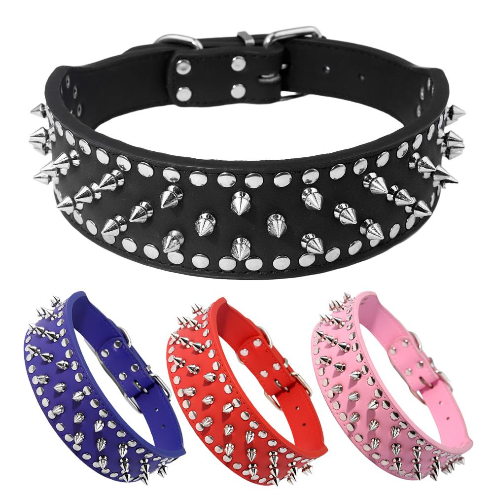 Width 2 Inch Anti-bite Spiked Dog Collars Adjustable Microfiber Leather Necklace Sharp Rivets Pet Collar Outdoor Dog Walking