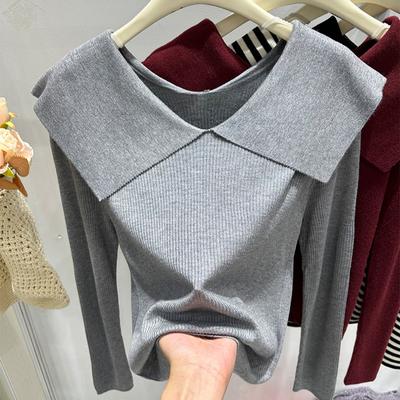 Core-spun Yarn, Lapel Solid Color Knitted Sweater Navy Style Autumn and Winter Thin Long-sleeved Sweater Elegant