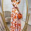 Off-Shoulder Geblümtes Kleid Slim Fit Schnürung Sexy Cut-out Rückenfrei Party Langes Kleid Mode Elegant Kurzarm Sommer A-Linie Locker Rückenfrei