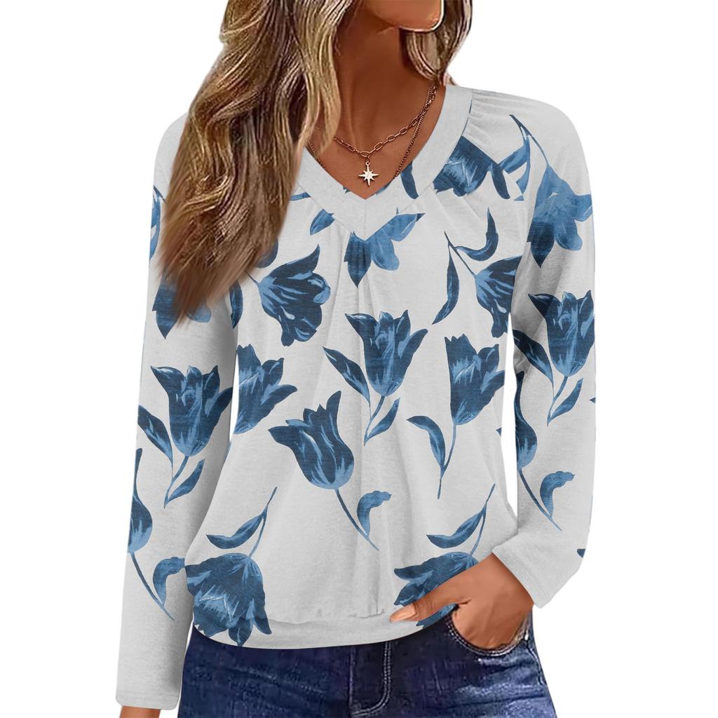 Damen Casual Mode V-Ausschnitt Raglan Plissee Floralprint Langarm Top