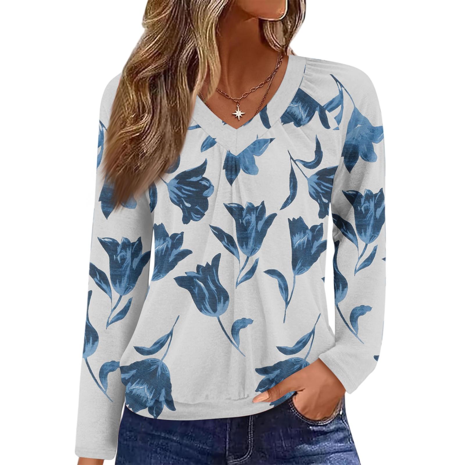 

Женский повседневный модный топ с V-образным вырезом, рукавами реглан, плиссировкой и цветочным принтом, с длинным рукавом S