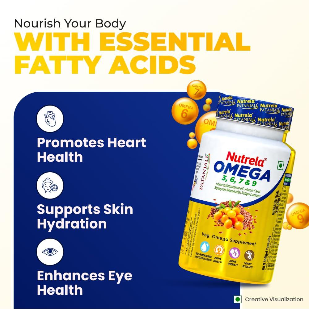 Nutrela Patanjali Omega 3 6 7 9 Vegetarian Softgels Pack of 60 Capsules for Heart Skin Wellness