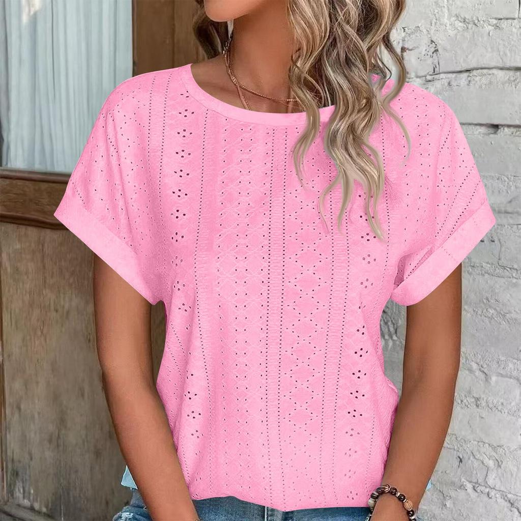 Women's Fashion Solid Color Round Neck Loose Short Sleeved Pullover T-shirt Top