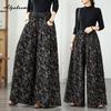 Korean Fashion Spring Autumn Women Black Jeans High Waist Drawstring Floral Print Denim Pants With Pockets Vintage Elegant Wide Leg Jeans