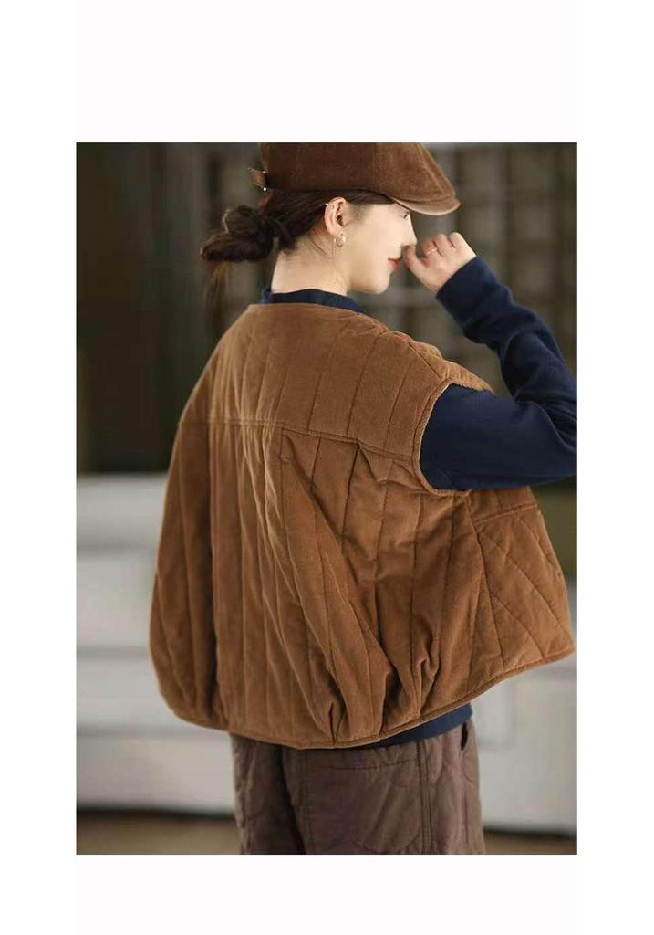 2025 Autumn/Winter Quilted Cotton Round Neck Vest - Artistic Retro Outerwear