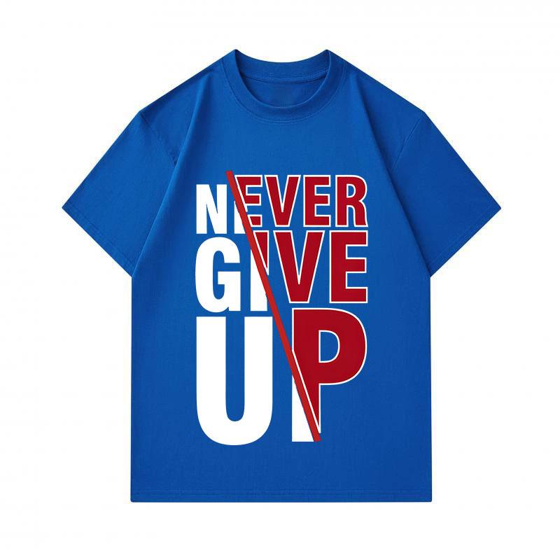 Men's 100% Cotton Crew Neck Short Sleeve T-Shirt, Classic Never Give Up Motivational Print Casual Soft Breathable Tee For Daily Wear, Regular Fit Ligh