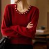 Women's 100% Pure Wool Sweater - Ribbed Design with Flower Bead Embellishments and Round Neck