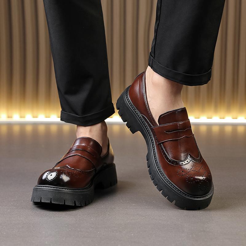 Vintage Brown Men's Brogue Leather Shoes Autumn Round Toe Platform Loafers Man Casual Formal Business Shoes mocasines hombre