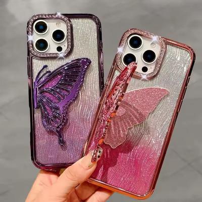 Luxus Bling Butterfly Bracket Transparente Hülle für iPhone 16 Plus 15 14 13 12 Pro Max 11 Überzug Glänzende Gradienten-Diamantabdeckung