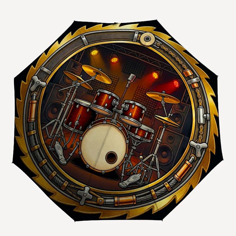 Golden Drum Stage pattern umbrella, portable and foldable design, 8 ribs, a casual accessory for Halloween, Christmas, and birthday gifts.