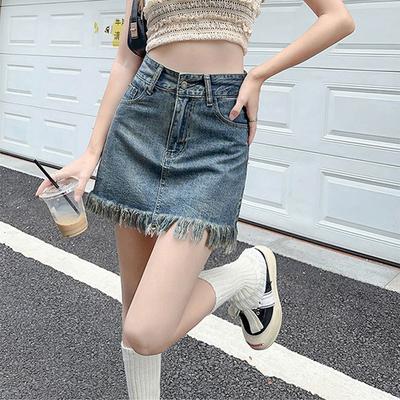 Classic Versatile Youthful Wearable Durable Raw Edge Design Fringe Half-body Skirt A-line Package Hip Retro Ladies Summer Fashion Denim Short Skirt