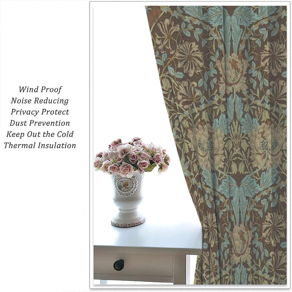 Retro Bohemian William Morris Plant Floral Blackout Curtains   Abstract Vintage Country Floral Leaf Pattern Window Drapes   for Li