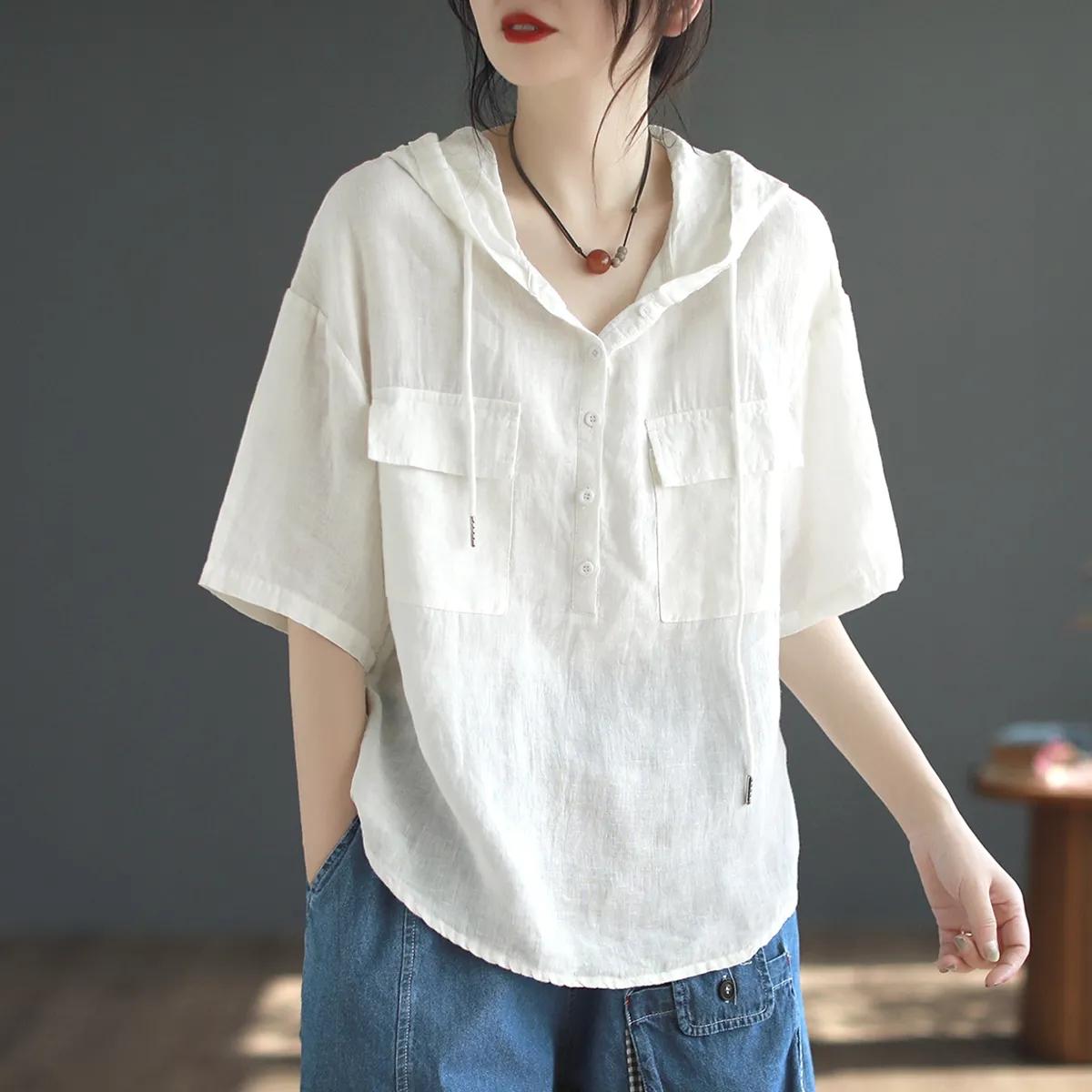 

Литературная ретро рубашка из хлопка и льна с капюшоном, однотонная женская рубашка с короткими рукавами XXXL белый
