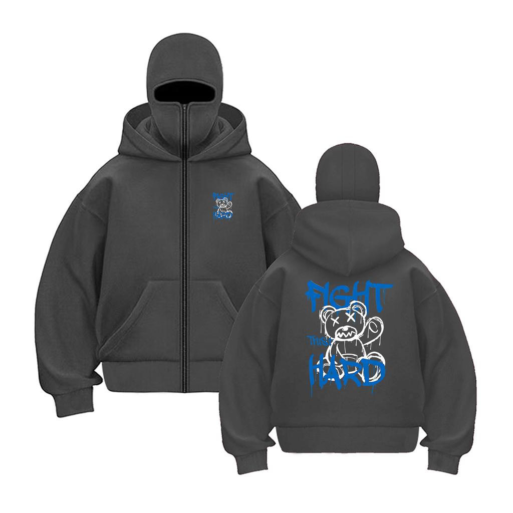 Fashionable European and American men's autumn teddy bear letter print soft and comfortable zipper hooded sweatshirt outdoor