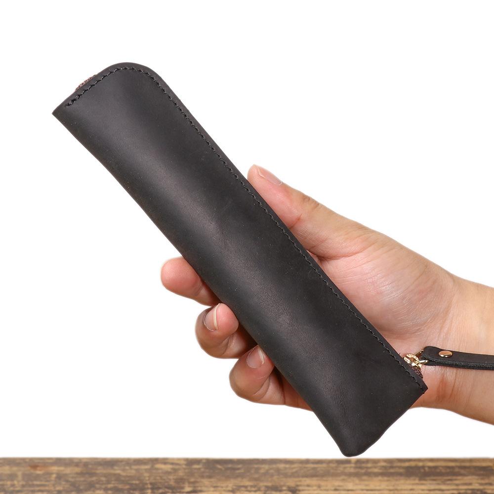 Leather Pen Pencil Case, Pen Sleeve Pouch Vintage Pen Protective Bag Pencil Holder Cowhide Pencil Case Office Supplies чёрный