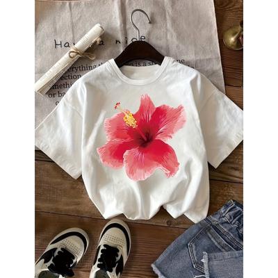 Girls Crewneck Short Sleeve Tee, Floral Print Breathable Summer Kids Clothes