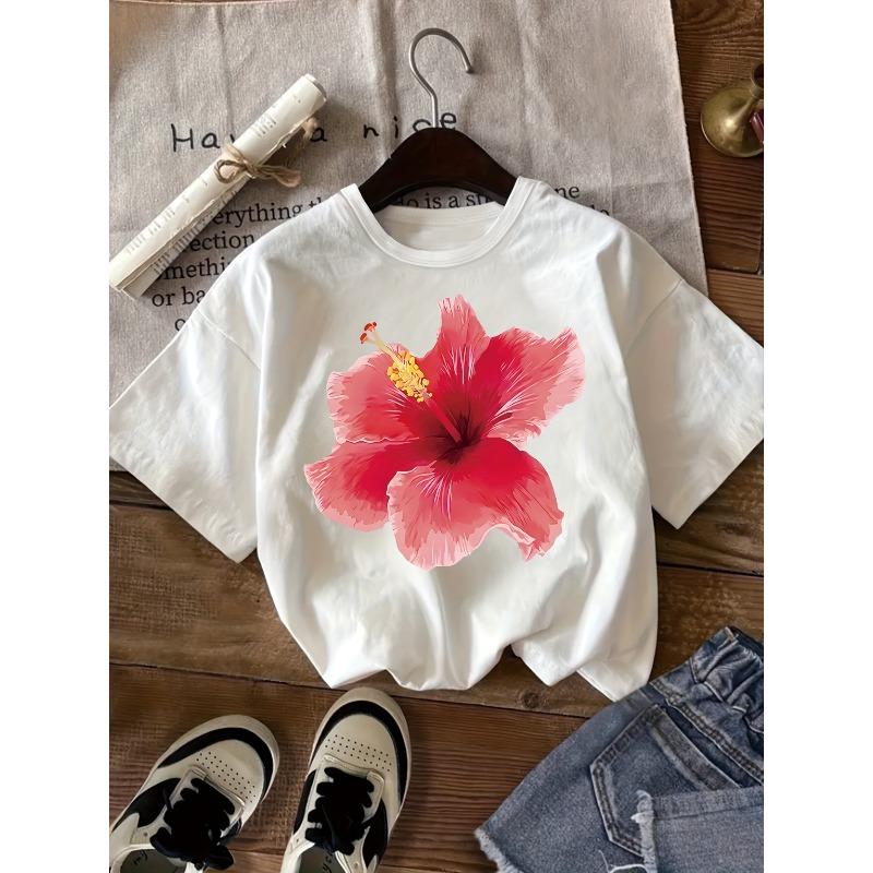 Girls Crewneck Short Sleeve Tee, Floral Print Breathable Summer Kids Clothes 110 белый