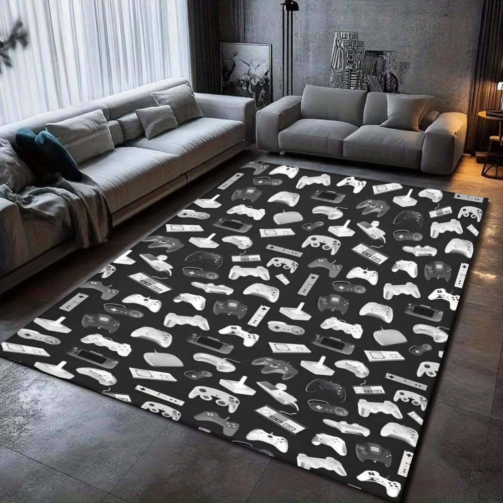 

Gaming Theme Large Area Rug Black White Game Controller Accessory Icon Pattern Carpet Floor Mat for Living Room Game Room 40x60cm