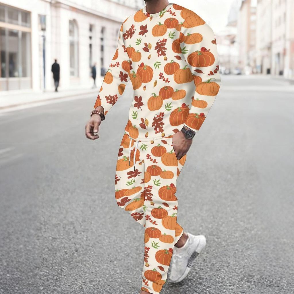 Men Orange Color Block Leopard Pumpkin Sunflower Print Long Sleeve Sweatshirt Jogger Pants Two Piece Suit