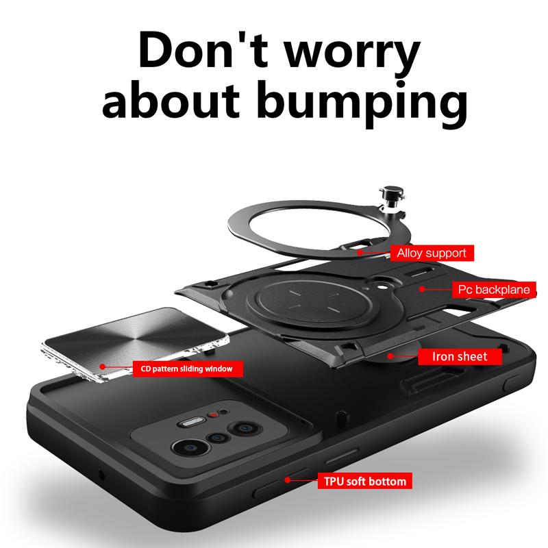 Luxury Shockproof Armor Case For Xiaomi Mi 11T 12T 13 Pro Lite Mi11T Mi12T 5G Anti Shock Ring Stand Holder Full Slide Cap Covers