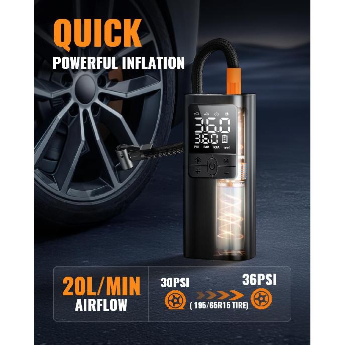 Tire Inflator Portable Air Compressor Cordless Air Pump with Digital Tire Pressure Gauge, Accurate Dual LCD Display & LED Light, for