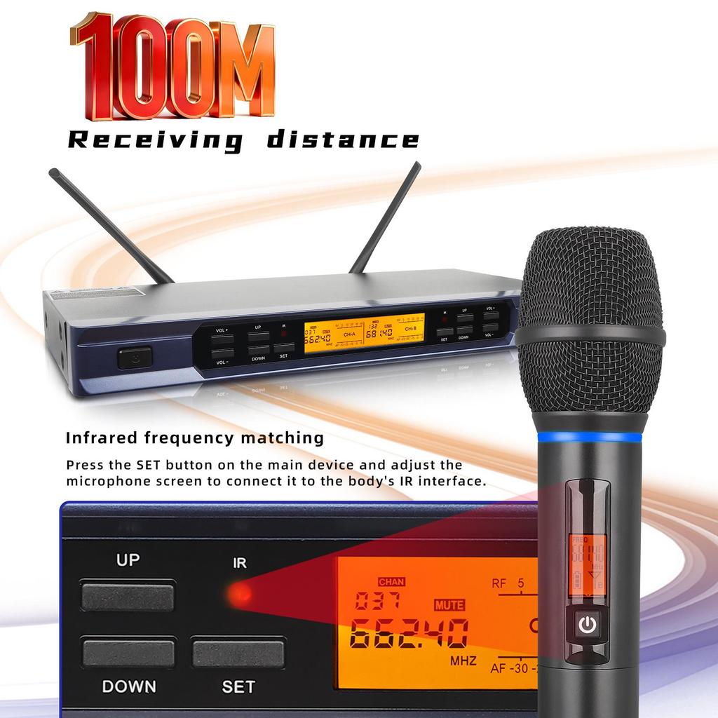 UHF Metal Wireless Microphone with Infrared Frequency Matching for Singing (One-to-Two)