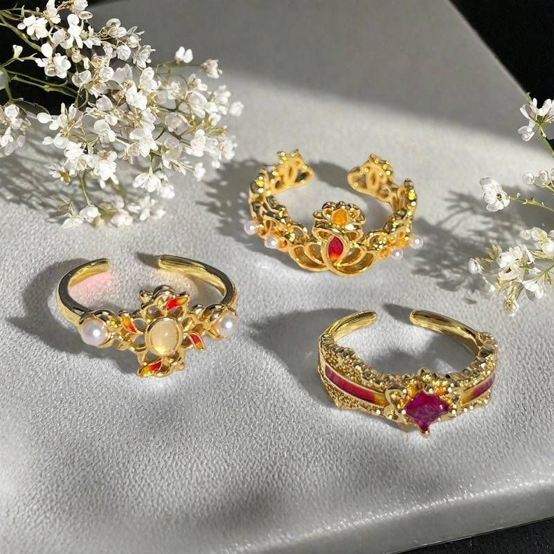 Red Zircon Enamel Dripping Open Ring Fashion Light Luxury High Sense Court Style Rhombus Personality Ring