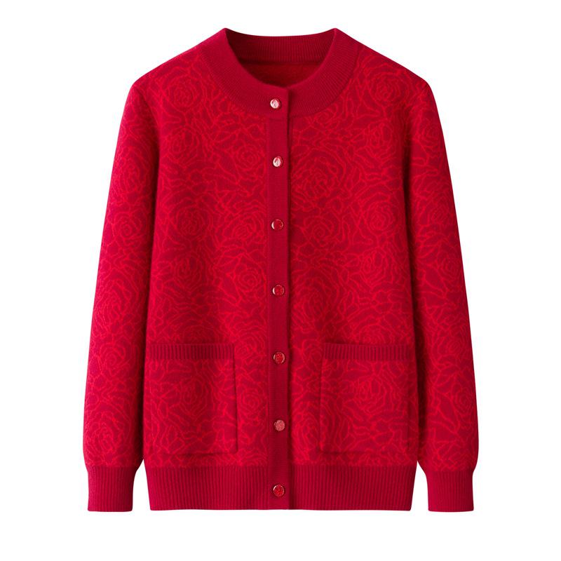 Women's Fashionable Red Pure Wool Jacquard Sweater Coat for Middle-Aged and Elderly Mothers