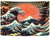 Japanese Wave and Mount Fuji Wall Tapestry Red Sun and Traditional Temple Design Boho Home Decor Art Print Room Decoration