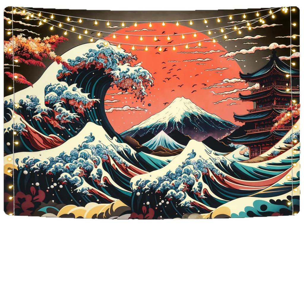 Japanese Wave and Mount Fuji Wall Tapestry Red Sun and Traditional Temple Design Boho Home Decor Art Print Room Decoration