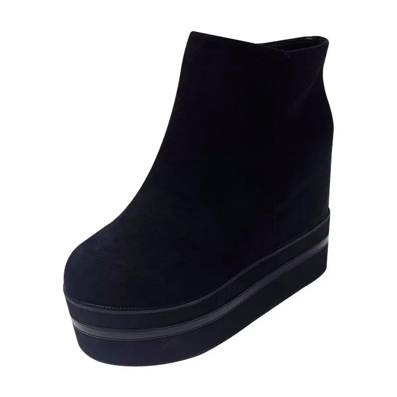 Весна Осень Толстая Подошва Короткие Ботинки Женские Платформа Клиновидные Каблуки Женские Ботильоны Увеличение Роста Флок Молния 34 чёрный 5880₽