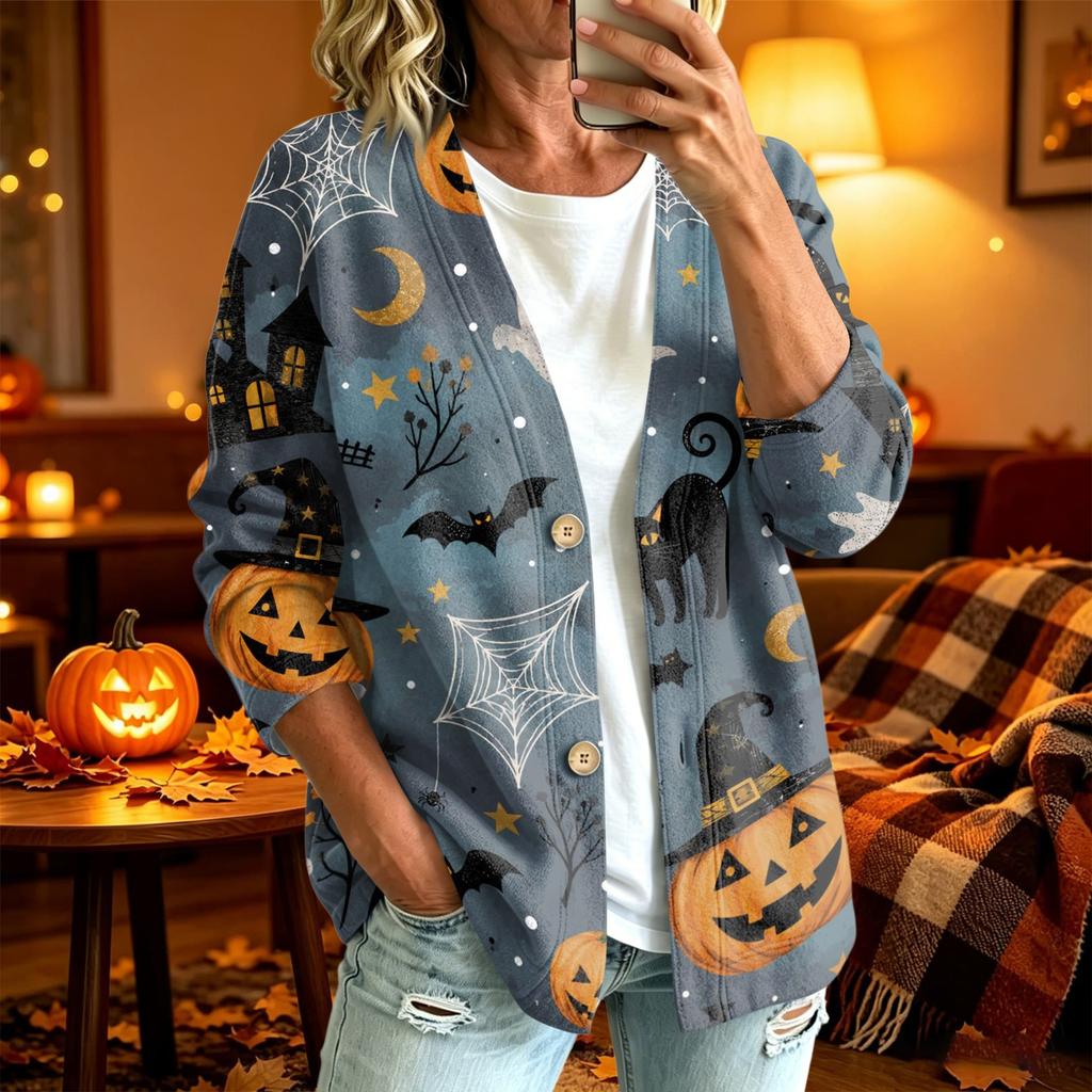 Women's Casual Long Sleeve Jacket with Halloween Print for Fall Parties and Daily Wear