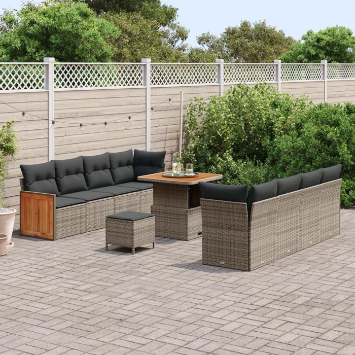 Ensemble de 11 Pièces de Canapé de Jardin avec Coussins Gris Rotin Synthétique Acacia, Ensemble 3 Pièces de Salle à 3365228