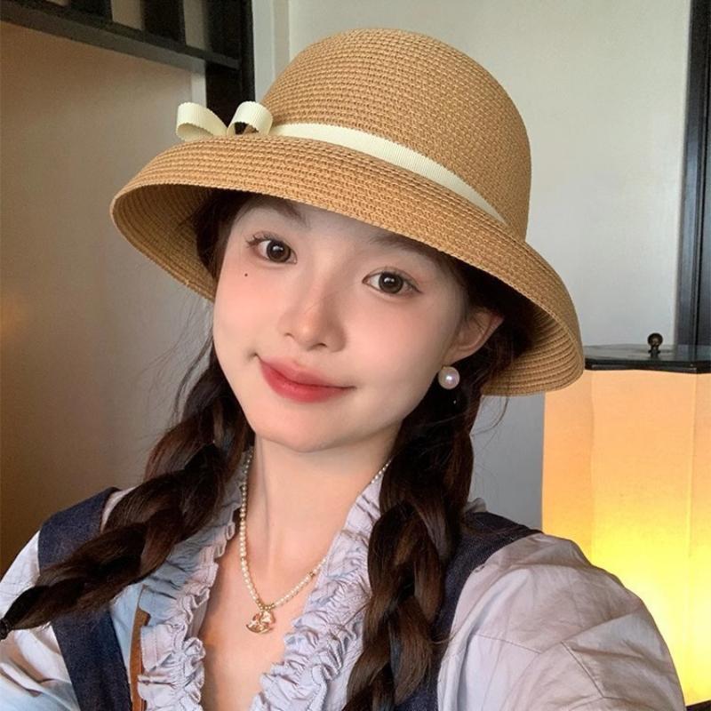 Elegant Hepburn Women Beach Sunshade Sun Hat  Summer Retro Sunscreen Hat Bow Fisherman Hat