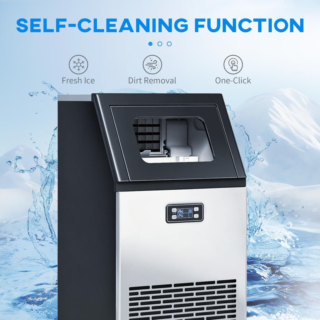 Commercial Ice Maker Machine, Freestanding Stainless Steel Ice Machine with Self-Cleaning, LCD Display, 45kg/24 Hours and 11kg Storage for Home