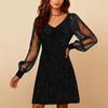 Women's Fashion Mesh,Panel Color V,Neck Long,Sleeve Dress