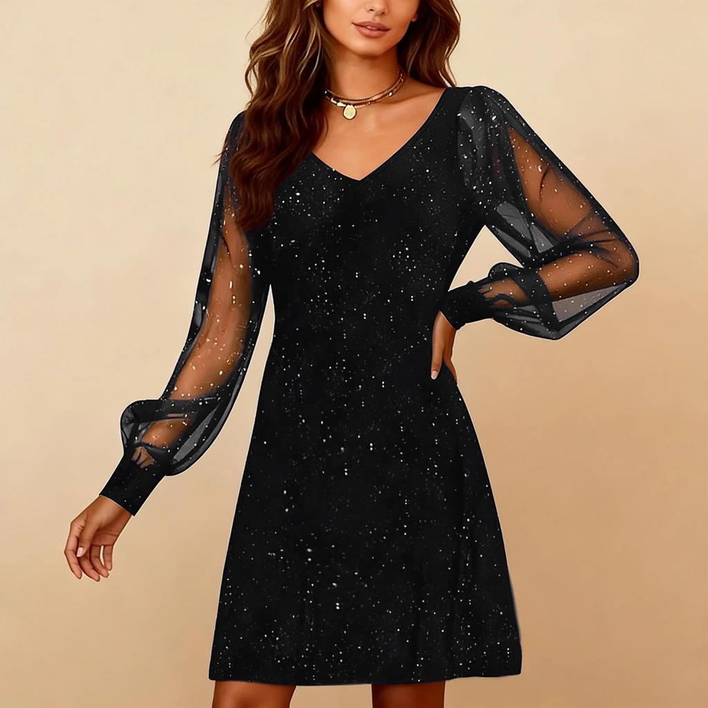 Women's Fashion Mesh,Panel Color V,Neck Long,Sleeve Dress