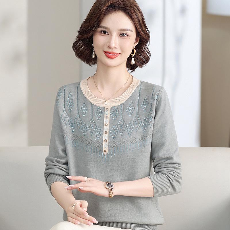 

Mom s Elegant Spring Knit Sweater for Middle-Aged & Elderly Women - Long-Sleeved, Lightweight T-Shirt Base Layer L (Up to 105 lbs)