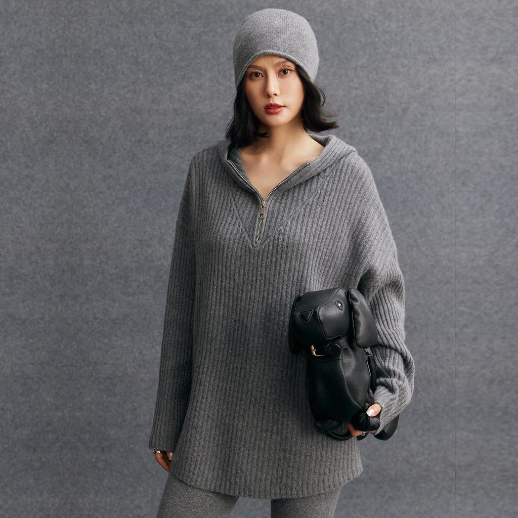 Women's Thickened Knit Cashmere Half-Zip Hoodie – Long Sleeve, Trendy Autumn/Winter Style