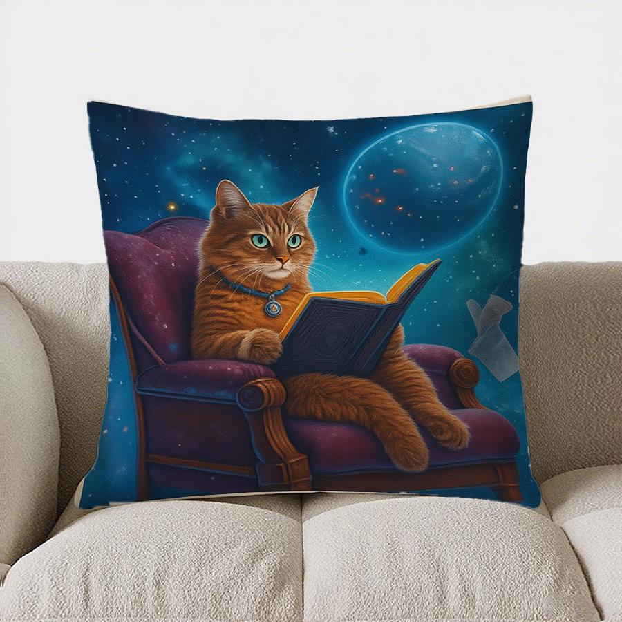 Home Decor Cat Reading Book In Space Themed Pillow Pattern Cushion Cover Suitable For Sofa Bedroom Car Pillow Cover