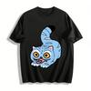 Cute Blue Striped Cat Print Casual T-shirt Unisex Funny Cartoon Pattern Loose Fit Daily Top Pure Cotton T-shirt