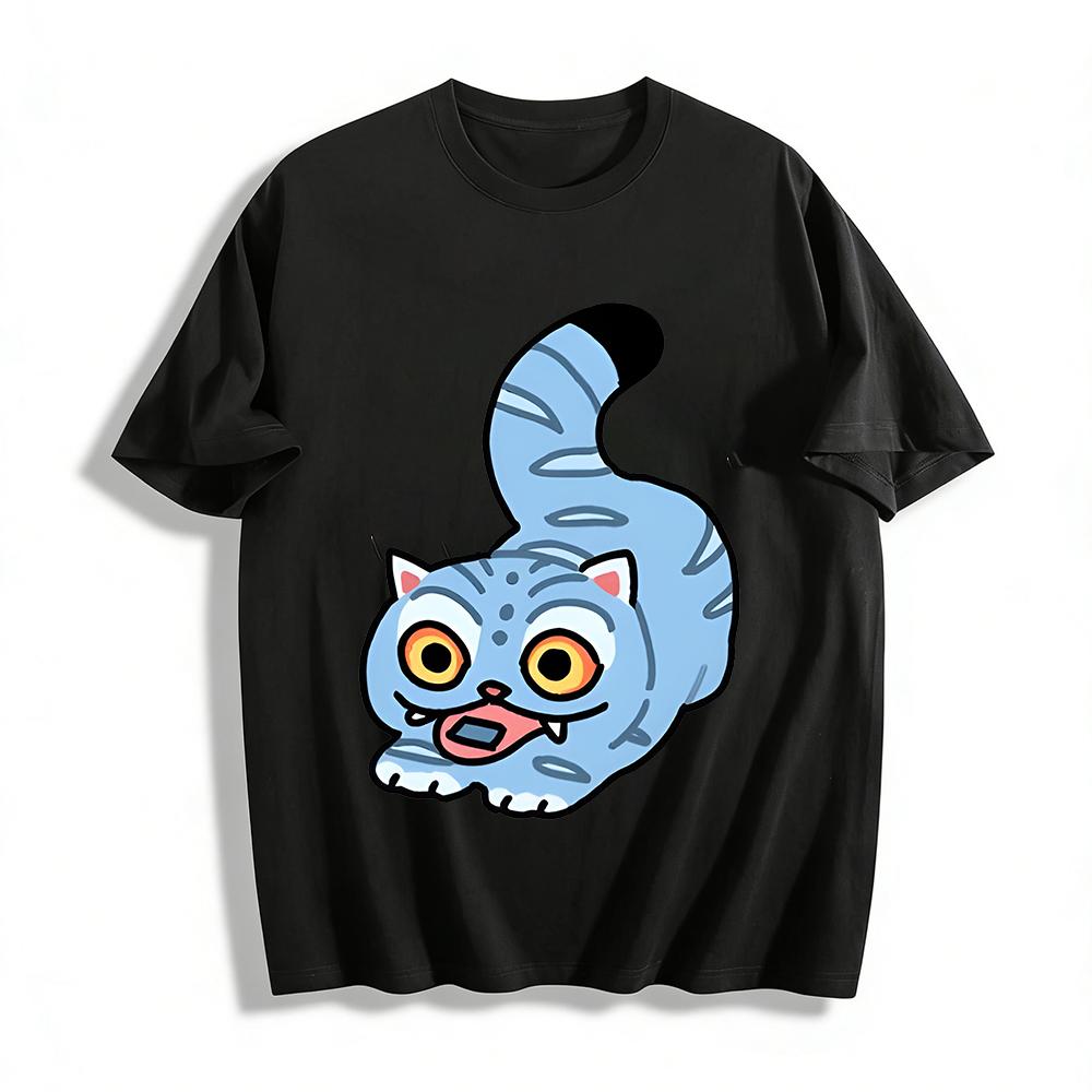 Cute Blue Striped Cat Print Casual T-shirt Unisex Funny Cartoon Pattern Loose Fit Daily Top Pure cotton T-shirt XXS