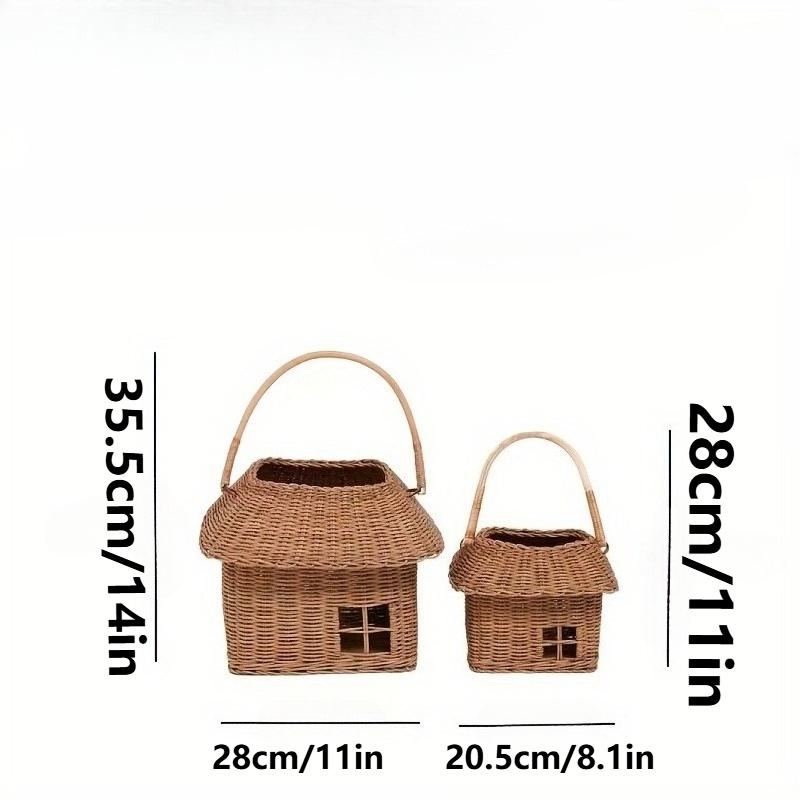 Rattan House Shape Storage Basket with Lid Small Doll House Decorative Hand Woven Shelf Organizer with Handle for Picnic Gift
