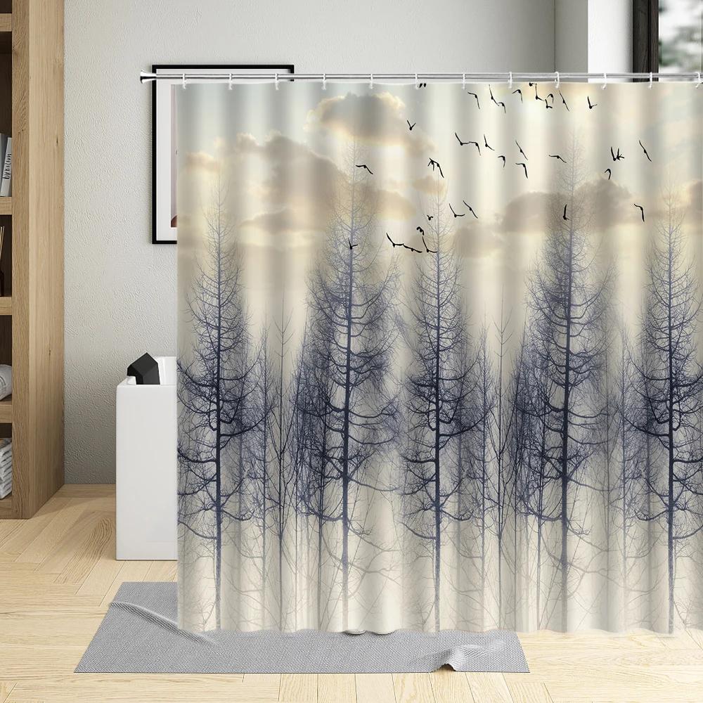 Chinese Style Shower Curtain Ink Painting Mountain Bird Flower Plant Bamboo Scenery Bathroom Hanging Curtain Set Polyester Cloth