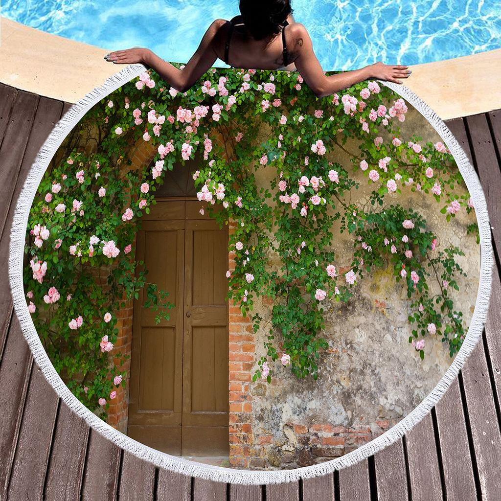 Flowers On The Wall Round Beach Blanket,Polyester Sand Resistant Beach Towel,Absorbent Quick Dry Pool Towel Portable Picnic Mat