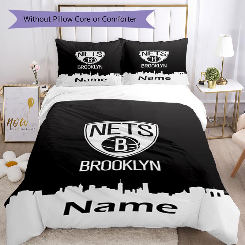 3pcs Custom Name Brooklyn Nets Bedding Set Duvet Cover Closure Includes 1 Duvet Cover & 2 Pillowcases, Soft and Comfortable for All Seasons.