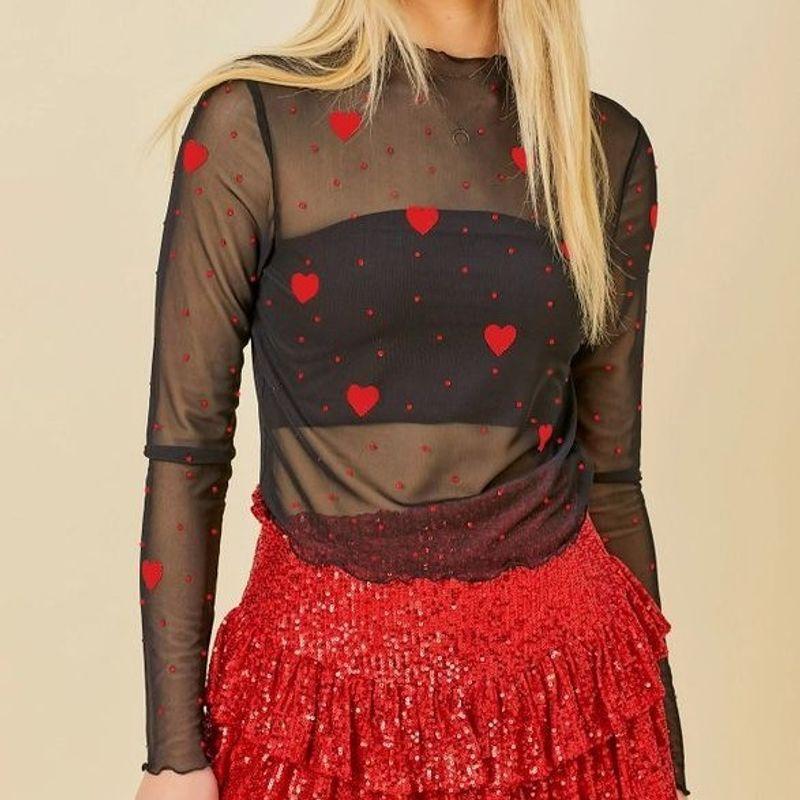 

Europe and America Cross Border Sexy Mesh Long Sleeves Heart Print Innerwear Fashion All-Match Sweet and Spicy Pullover Slim Fit Slimming Top Black L
